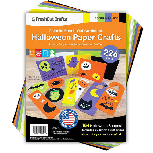 226 Pieces Halloween Punch Out Paper Craft Kit, 2-Sided US Made Card Stock for Spooky Crafts, Cupcake Toppers, Cards, Gift Tags, Door Hangers, Play Date Halloween Party Crafts for Kids