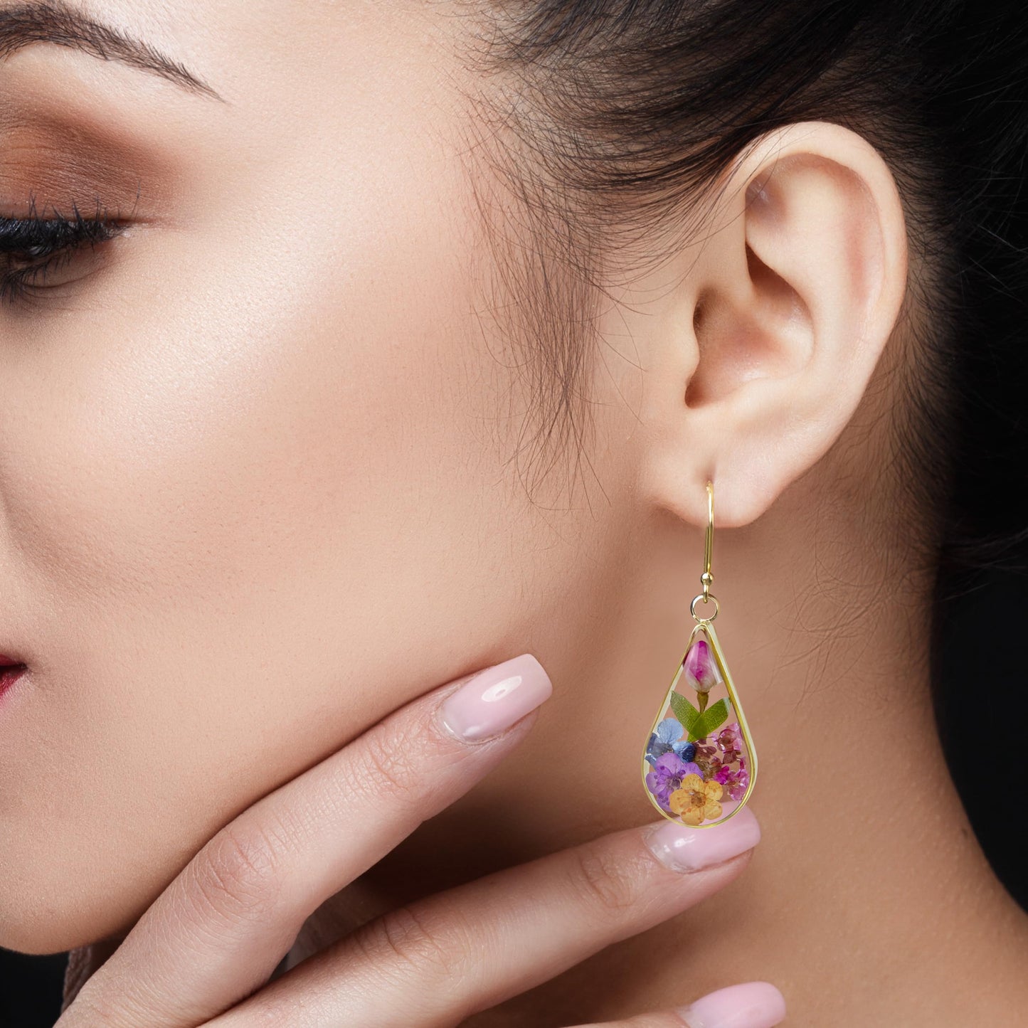 925 Sterling Silver Pressed Flower Teardrop Earrings,Hypoallergenic Women's Jewelry Gift for Mom,Handmade natural dried flower teardrop earrings Jewelry Gift (shenlan-yingse)