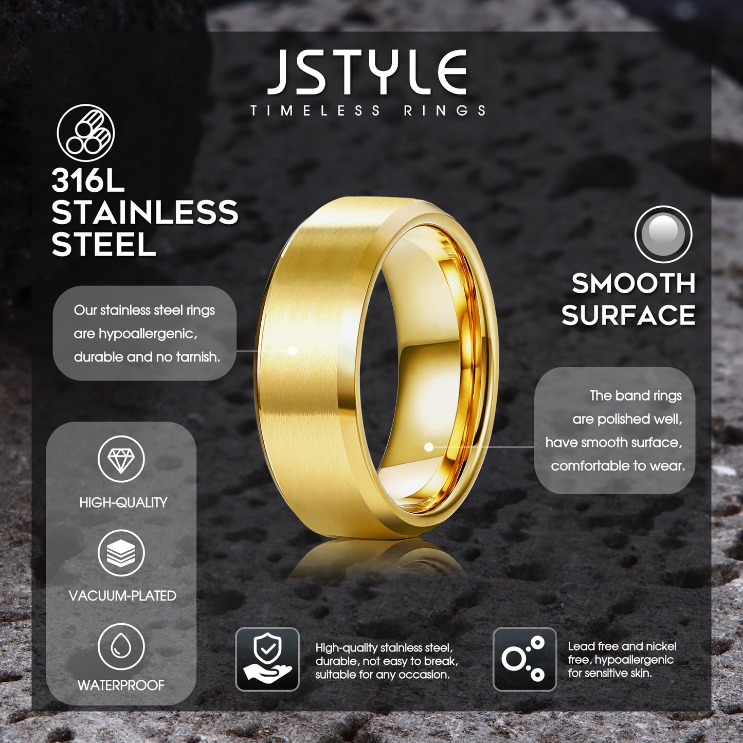 Jstyle Stainless Steel Rings for Men Women 8MM Wedding Band Rings Matte Surface - Beveled Polished Edge Mens Ring Size 6.5 18K Gold Plated Ring for Men
