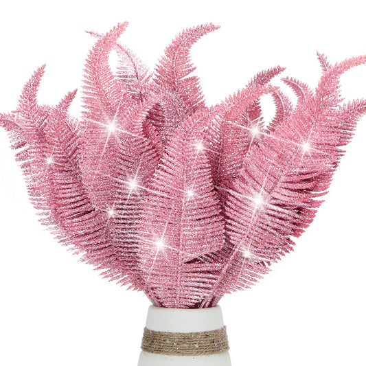 20 Pieces Artificial Christmas Glitter Leaves Branches Sparkly Fake Leaf Sprays for Christmas Tree Picks 10" Ornament Flower Arrangements DIY Crafts Wreaths Holiday Decoration Tree Fillers (Pink)