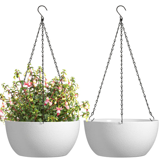 T4U Plastic Hanging Planters 2-Pack, 12 Inch Large Hanging Flower Plant Pots with Drainage Hole for Indoor Outdoor Plants, Round Hanging Basket for Home Garden Porch Balcony Patio Decor (White)
