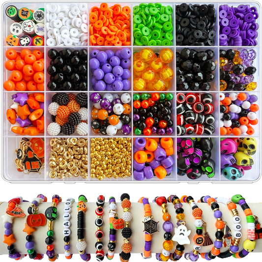 1970Pcs Halloween Bracelet Kit, Halloween Beads for Bracelets Jewelry Making Orange Black White Purple Polymer Clay Beads Pumpkin Evil Eye Skull Bead with Ghost Spider Charms for DIY Craft Earring