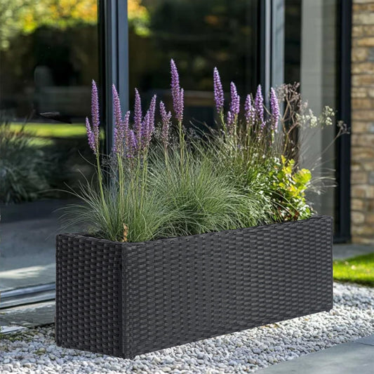 SUNNYPARK Black Rectangular Planter Box All-Weather PE Rattan Large Modern Planters with Removable Liner Indoor Outdoor Decorative Flower Pot for Patio, Balcony, Garden