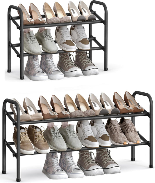 SONGMICS Expandable Shoe Rack - Adjustable 2-Tier Organizer for 15 Pairs - Metal Storage Solution in Ink Black