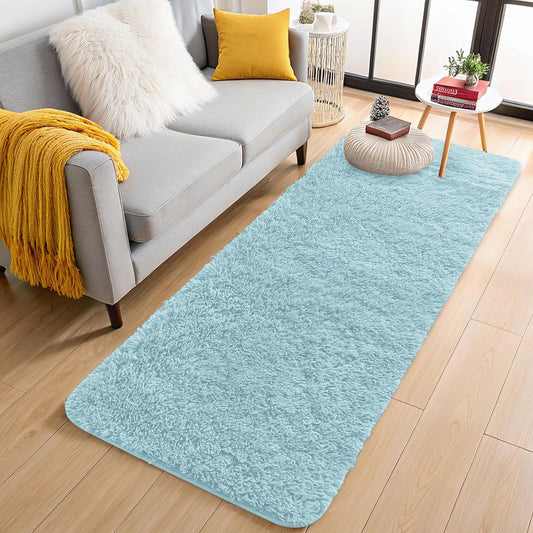 OLANLY Soft Fluffy Shaggy Runner Rugs - Machine Washable Indoor Carpet for Hallway & Bedroom | Light Blue 2x6