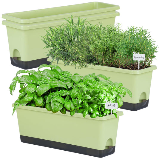 Window Box Planter 4 Packs, 17 Inches Rectangle Flower Pots with Drainage Holes & Trays, Pots for Vegetables, Herbs, Flowers, Garden Windowsill Balcony (Light Green, 17 * 5.1 * 6 inch)