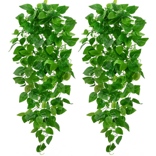 BLEUM CADE 2Pcs Fake Hanging Plants, 9 Branch Artificial Hanging Plant, Lush Faux Pothos Vines for Home Room Wall Shelf Porch Outdoor Indoor Decor (No Baskets)
