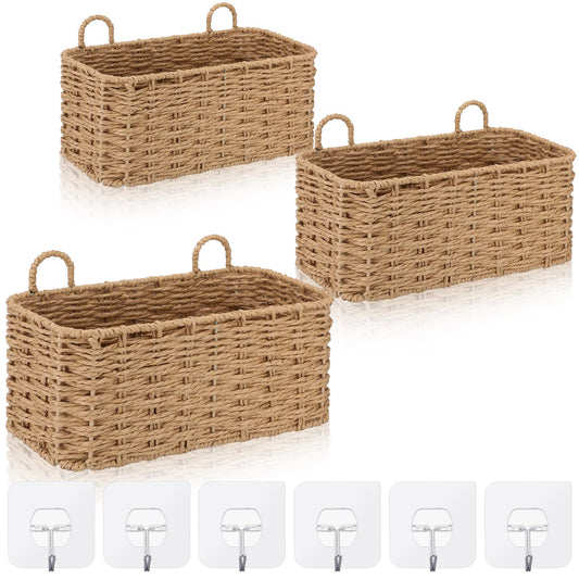 Ferrochef 3 Piece Wall Hanging Baskets for Organizing Paper Rope Woven Baskets Sets Boho Style Storage Bins for Fruits Vegetable Kitchen Storage Farmhouse Wall Decor Housewarming Gifts