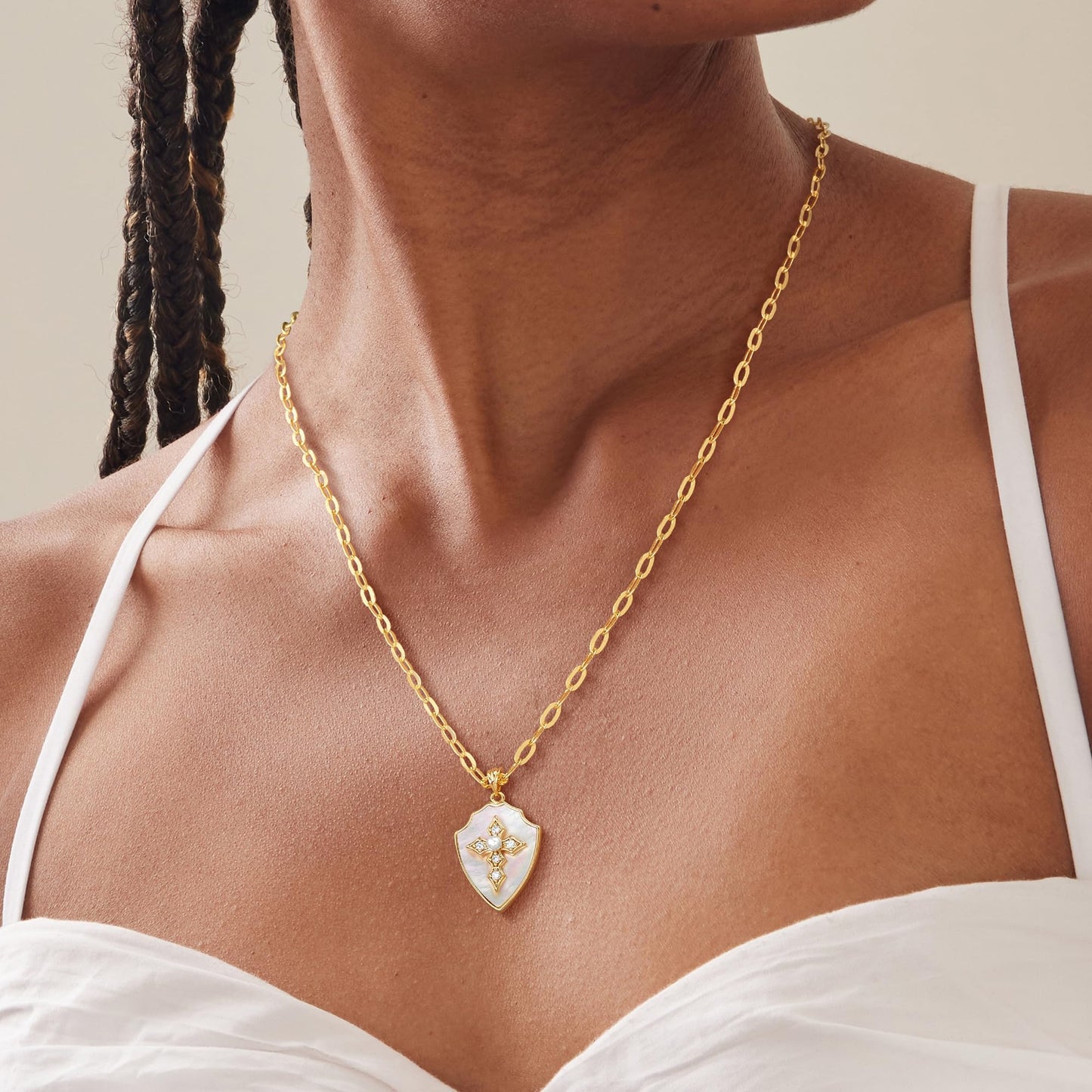 Fettero Dainty Mother of Pearl Necklaces for Women, 14K Gold Plated Necklace Shield Armor of God Pendant Cross Faith Necklace Jewelry for Protection Gift