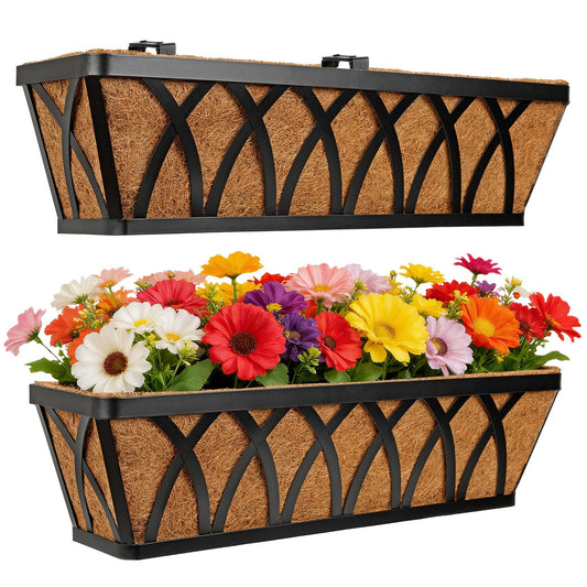 Nature Crafted 24 Inch Window Box Planter with Coco Liner for Hanging Outdoor Plants, 2 Pack Railing Planter Boxes with Adjustable Brackets for Balcony Deck Porch & Patio Garden Decor, Black