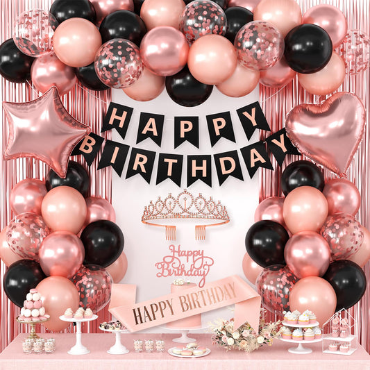 Black Rose Gold Birthday Decorations for Women Girls,Rose Gold Latex Balloons with Happy Birthday Banner,Fringe Curtain,Cake Topper,Sash and Crown for Birthday Party Supplies