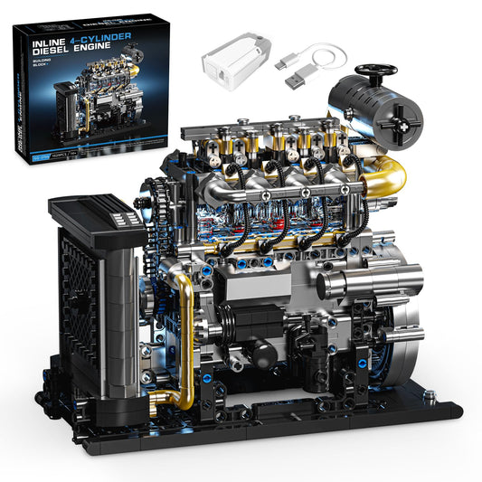 BseSparklion Diesel Engine Model Kit that Runs for Adults, MOC Mini Inline 4-Cylinder Diesel Engine Building Set with Motor, Compatible with Lego, Mechanical Engineering STEM Toy for Teens (1029 PCS)