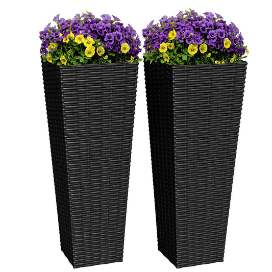 Greesum 24 Inch Tall Plastic Planters with Rattan Texture – Set of 2, Detachable Inner Pot & Drainage Holes, Indoor/Outdoor Decorative Flower Pots for Large Plants, Trees, Patio, and Garden, Black