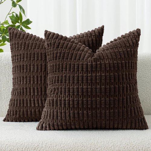 MIULEE Corduroy Throw Pillow Covers - Soft Boho Striped Design | 16x16 Inch Dark Brown for Modern Home Decor