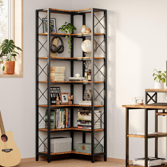 IRONCK Corner Bookshelf, 7-Tier Industrial Corner Bookcase, Tall Corner Shelf Storage Display Rack with Metal Frame for Living Room Home Office, Vintage Brown