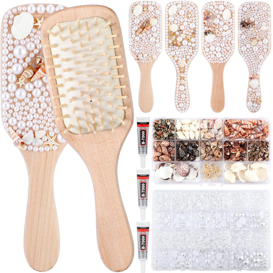 Potchen 6 Set Mermaid Hairbrush Kit DIY Creative Seashell Hairbrush with Mix Flatback Rhinestones Half Pearls Small Scallop Shell Decorate Your Own Hair Brush for Girls Women Bride Mermaid Party Favor
