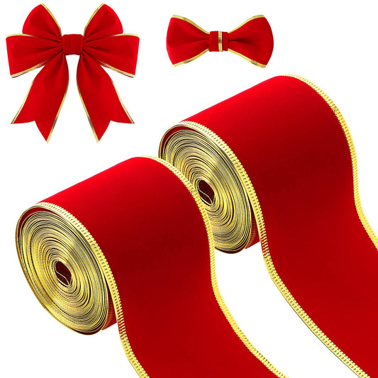 2 Rolls 2.5 Inch x 12 Yards Red Velvet Ribbon Christmas Wide Ribbons Red Wrapping Ribbon Craft Fabric Ribbons with Golden Edge for Wreaths DIY Crafts Bows Christmas Party Decoration