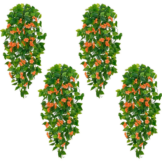 BLEUM CADE Artificial Hanging Flowers for Outdoors, 4pcs Fake Hanging Plants Pothos Vines with Orange Flowers for Wall Home Living Room Indoor Outdoor Fall Decor (No Baskets)
