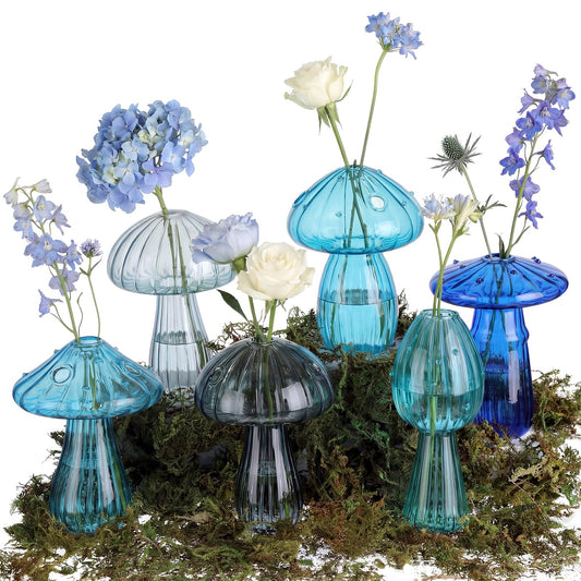 7 Pcs Mushroom Glass Propagation Vases 6 Colored Mini Cute Terrarium Plant Propagation Station Small Hydroponic Pots for Spring Easter Decor Flowers Decoration Gift Bedroom Kitchen (Blue)