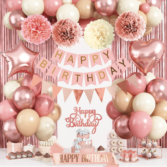 Blush Pink Birthday Decorations, Rose Gold Nude Party Décor with Foil & Latex Balloons Sash Fringe Curtains Happy Birthday Banner Cake Topper Paper Pompoms Party Decor for Women Girl