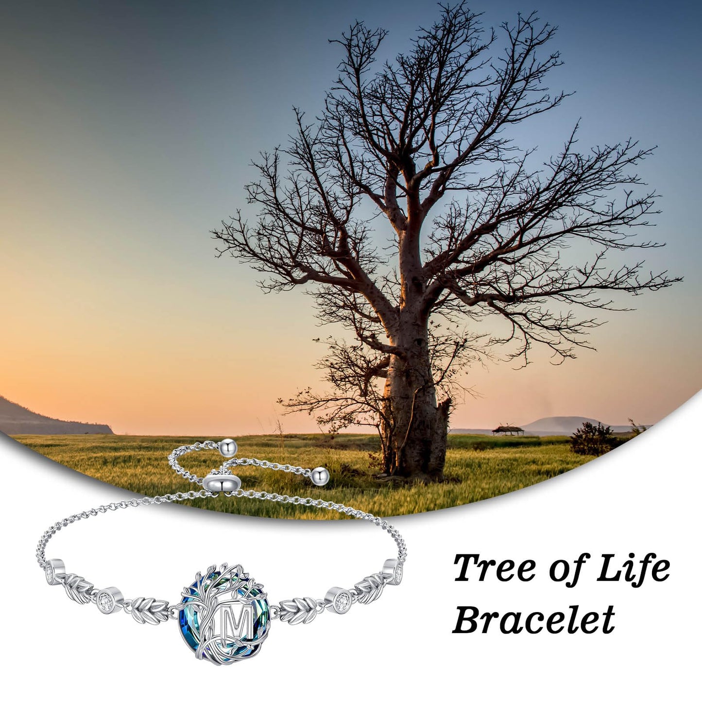 TOUPOP Tree of Life Initial Bracelet Sterling Silver Initials M Letter Link Bracelets Blue Circle Crystal Family Tree Birthday Mothers Day Jewelry Gifts for Women Mom Wife