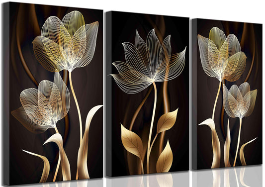 3 Pieces Modern Abstract Brown Flowers Canvas Wall Art Minimalism Black and Gold Floral Painting Pictures Luxury Wall Decor Posters Print Artwork for living room Office Bedroom Home Decoration