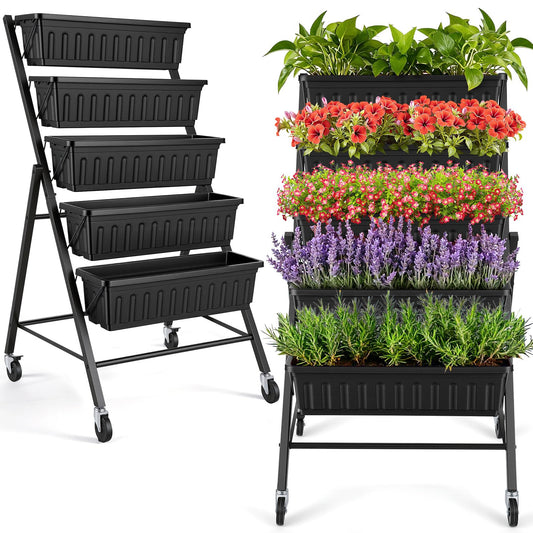 TEANDE 2 Pack Vertical Raised Garden Bed with Wheels, 5-Tier Elevated Planter Box w/Drainage System & 4 Hooks for Herbs Vegetables Flowers, Vertical Garden Planter for Patio Yard Indoor Outdoor