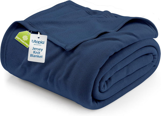Utopia Bedding Knit Blanket - Soft Lightweight Jersey Queen Size (90x90 Inches) - Navy Color for Bed & Couch