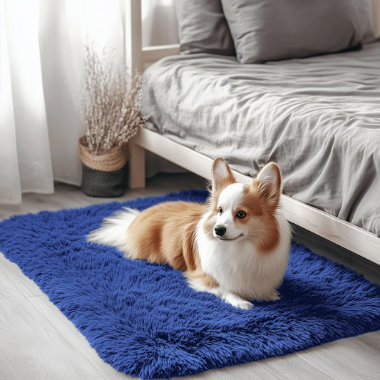 OLANLY Soft Fluffy Shaggy Bedside Rug - 3x3 Machine Washable Indoor Carpet in Navy Blue