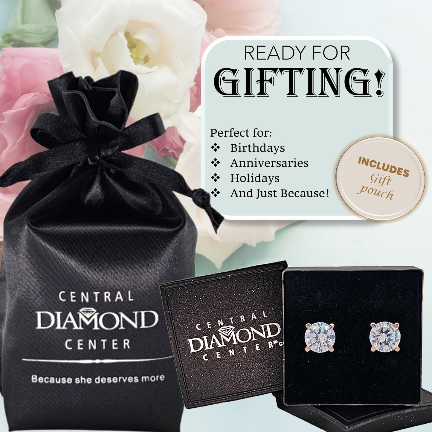 Central Diamond Center Round Simulated Diamond Stud Earrings Hypoallergenic Metal & Sterling Silver CZ - 8.50mm (5.00cttw) Rose