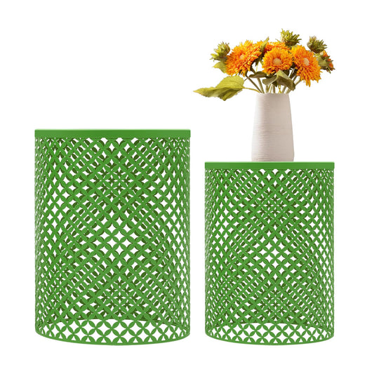 CAIHAOA Set of 2 Outdoor Side Table, Heavy Duty Metal Frame Accent Table, Decorative Garden Stool, Wood Circle Embossed Design, Plant Stand Living Room Garden Stool, Indoor Outdoor Using, Green