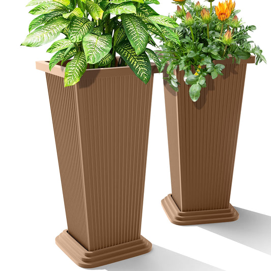 YESUNEED 24-Inch Tall Planters Set of 2 for Outdoor and Indoor Use,Tapered Flower Pots with Drainage Tray, Front Porch and Patio Decor,Ideal for Large Plants (Stripes-Brown)