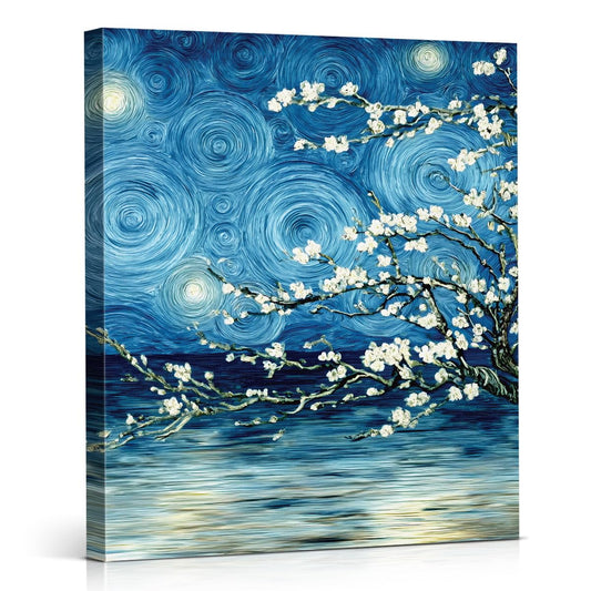 Blossom at Starry Night Canvas Wall Art Print Vintage Flower Tree Picture Painting Artwork Aesthetic Wall Decor for Home Farmhouse Living Room Bedroom 8x10 Framed