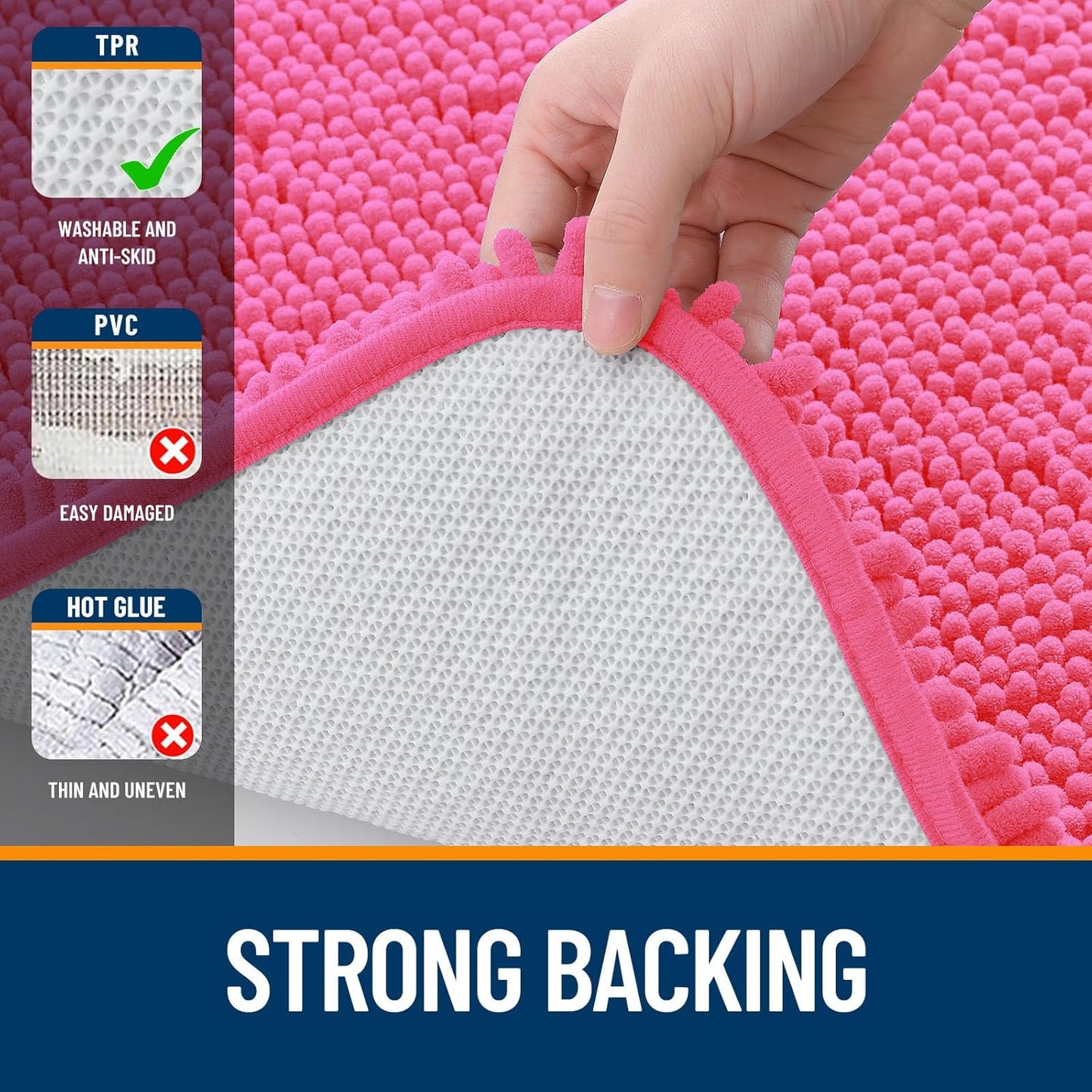 OLANLY Bathroom Runner Rugs - Soft Chenille Bath Mats with Rubber Backing | Quick Dry, 47x17, Hot Pink
