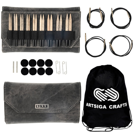 Lykke Driftwood 3.5 in. Standard Set US 3, 4, 5, 6, 7, 8, 9, 10, 10.5 Interchangeable Circular Knitting Needles for Baby, DK, Worsted, Chunky Yarn, Birchwood, 4 Swivel Cords, Grey DM Case, Project Bag