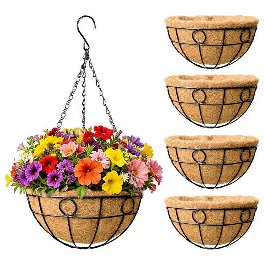 EIMQUVW Outdoor Hanging Planter(4-Pack) Black Metal Hanging Baskets with Coconut Fiber Lining 14 inch Round Chain Flower Pots for Patio Garden Greenery Decoration