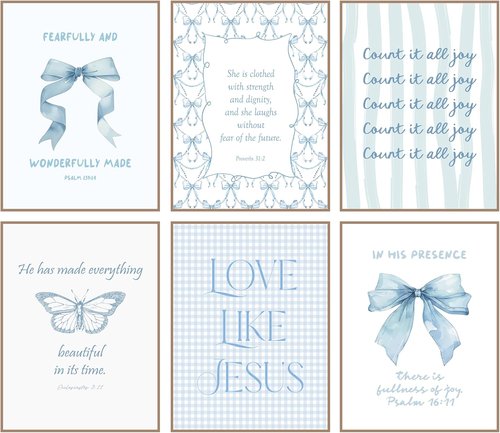 Coquette Blue Bow Wall Art | Inspirational Bible Verse Decor for Teen Girls | Light Blue 8x10 Unframed