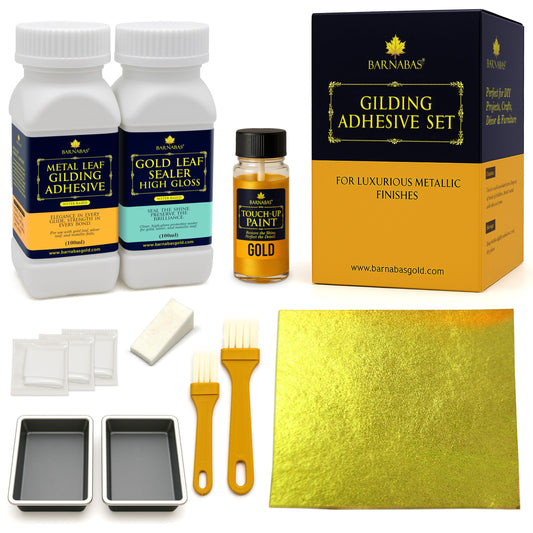 Barnabas Gold Leaf Kit – 25 Gold Foil Sheets, 100ml Gilding Adhesive, 100ml Sealer, 20ml Gold Paint, Brushes, Tools & Gloves for Crafts, Art, Furniture, and Decorative Projects