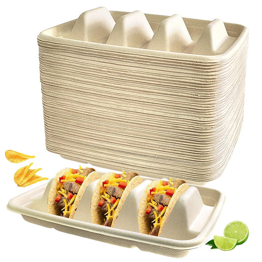 Sibosen 50PCS Disposable Taco Holder for Party，Disposable Taco Plates with 3 Dividers Disposable Taco Holders for Taco Tray Holder, Pulp Fiber Plates Disposable for Taco Tuesday Lazy Susan Taco Bar
