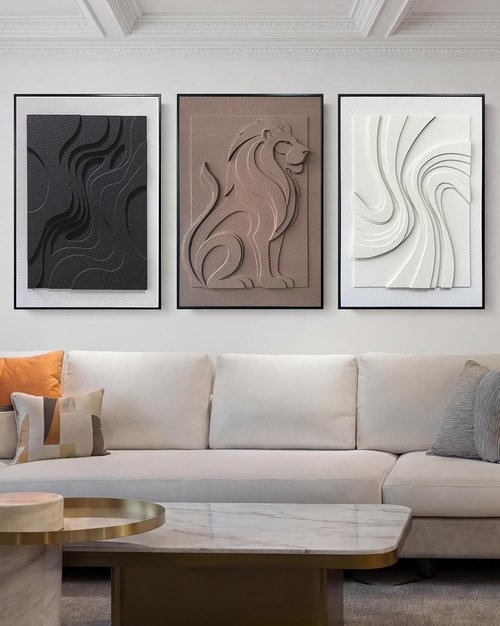 MIX3D 3D Textured Sandstone Wall Art - Set of 3 Framed Handcrafted Pieces | 24x36 Inch Ready to Hang for Home Decor