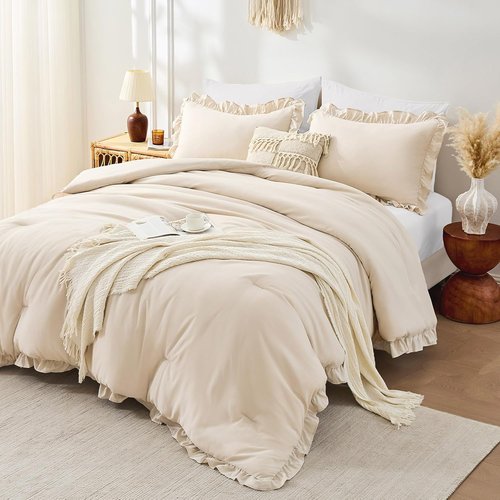 FUANNA Queen Comforter Set - Beige 3-Piece Ruffle Shabby Chic Bedding | Fluffy Lightweight All-Season Comforter & Pillowshams