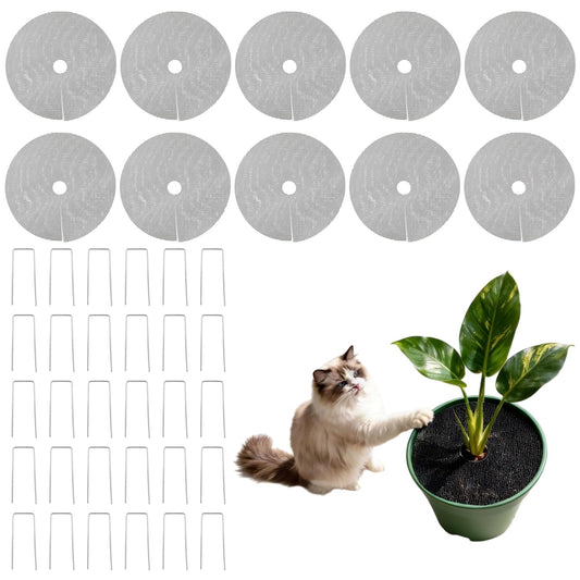 Toyosport 10 Pcs 15.75" Plant Pot Grids, Flower Pot Soil Protector Covers, Black Plant Mesh Nets for Pet Protection, Cuttable Digging Stoppers with Metal Securing Stakes