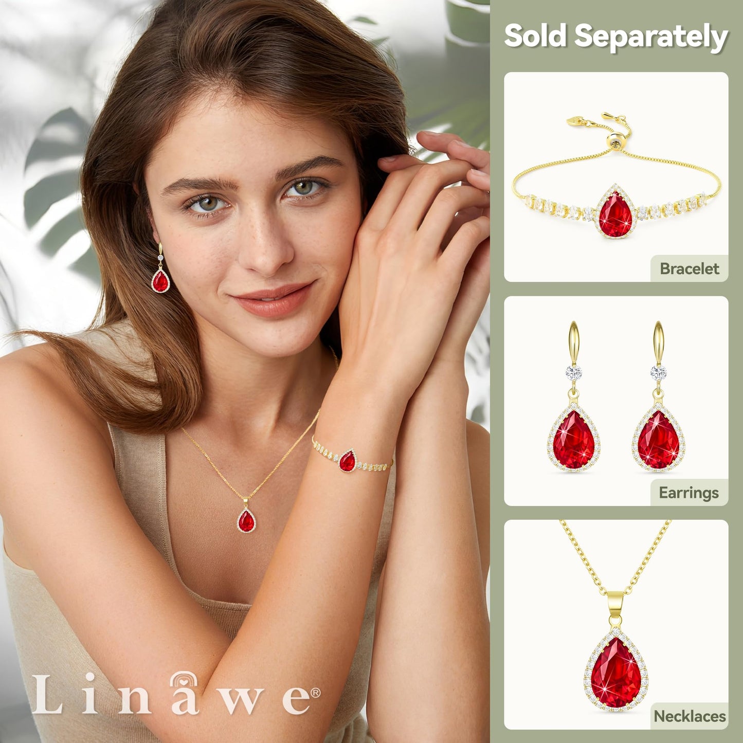 Linawe Red Ruby 14K Gold Dangle Earrings for Women Trendy, Imitation Diamond Wedding Drop Earrings, Rhinestone Cubic Zirconia Crystal Earrings Set, Teardrop Birthstone