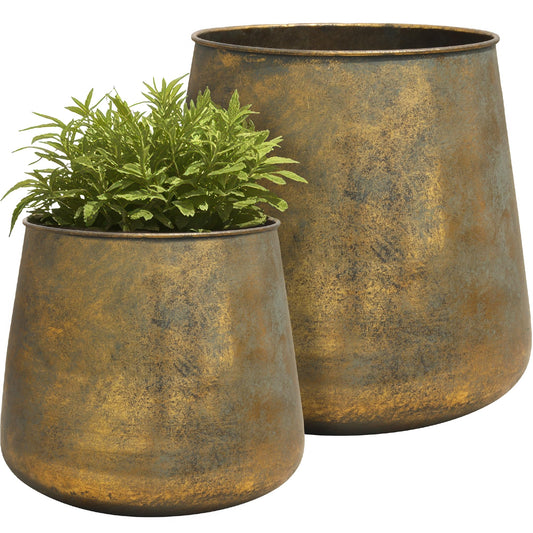 Worth Garden Metal Planters Set of 2, Vintage Gold Round Decorative Containers Flower Pots - Classic Iron Plant Pot for Patio, Front Porch, Indoor Use - Large: 13.5"D x 13.8"H, Small: 9.8"D x 10"H