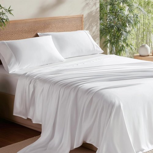 Bedsure Cooling Bed Sheets - Soft Rayon from Bamboo | Deep Pocket Up to 16" | Hotel Luxury White