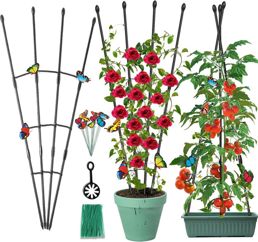 2Pack Garden Trellis for Climbing Plants Outdoor & Indoor, 47in Obelisk Trellis and Tomato cage 2 Shapes Rustproof Plant Support Indoor Plants Trellis for Potted Plants with 10pcs Colorful Butterfly