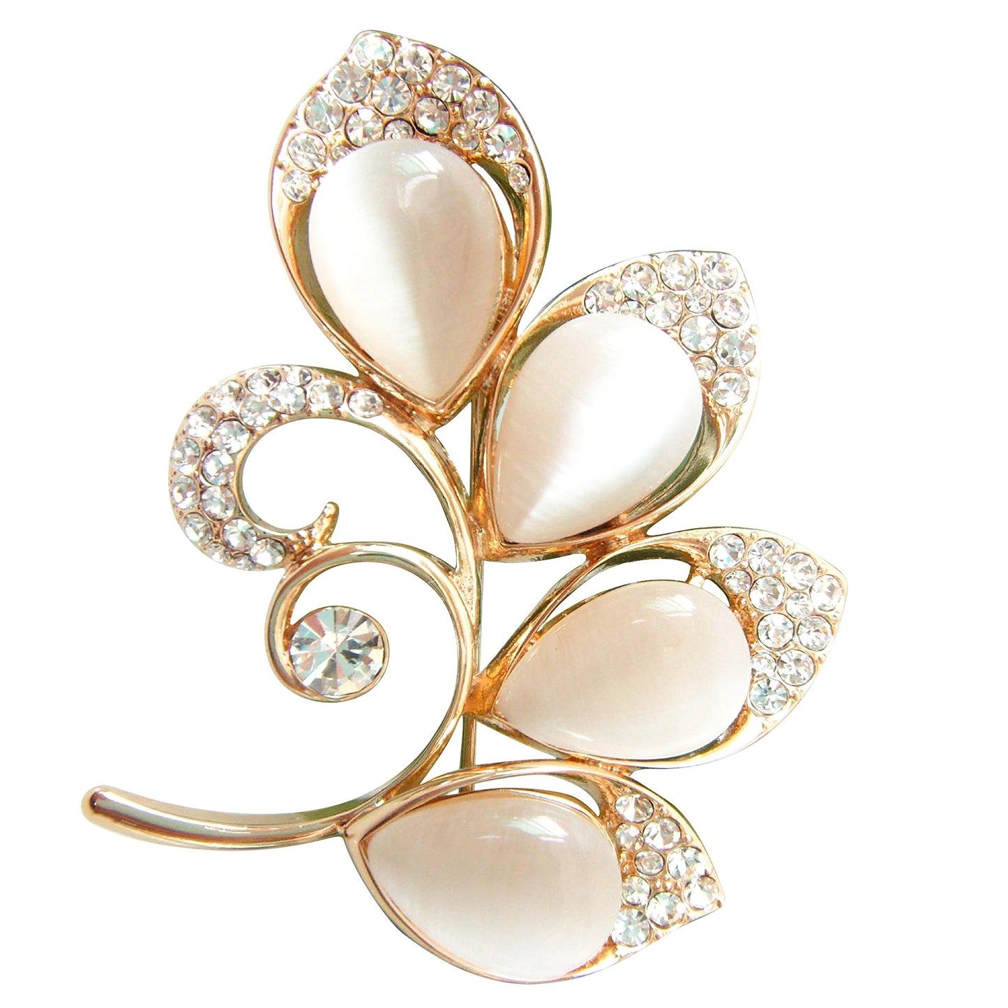 Navachi 18k Gold Plated White Created-Opal Crystal Branches Leaves Brooch Pin