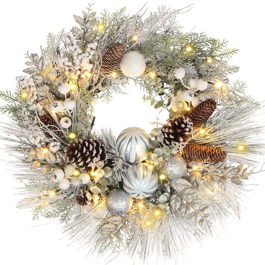 Briful Christmas Wreaths for Front Door 24" Christmas White Snow Flocked Door Wreath with Balls Ornaments Pinecone Berries for Xmas Room Fireplaces Walls Home Indoor/Outdoor Porch Decor
