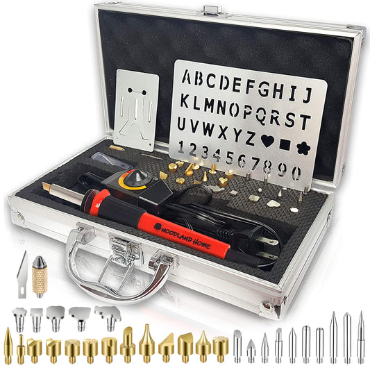 Woodland Home Professional Wood Burning Kit with Letters - Pyrography Pen Fully Adjustable Temperature With safety Stand - 27 Tips with Cutting Blade, Stencils and Deluxe Case