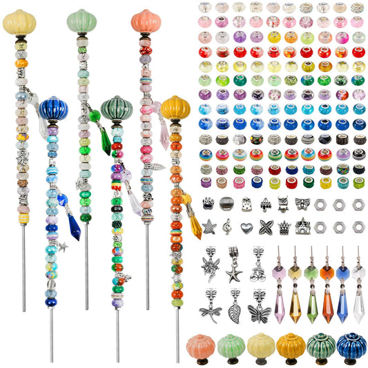 182pcs Beaded Garden Stakes Kit Fairy Garden Stakes Includes 6 Ceramic Top 140 Round Colorful Bead 12 Stainless Steel Threaded Rods and Nuts for Outdoor Decoration(12IN Lantern)